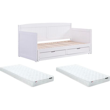 Letto divano scomparsa 90x190 o 180x190cm Con rete a pettine Cassetti Pino e MDF Bianco + Materasso - DINIVA (1/5)