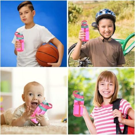 Bouteille d'eau pour enfants, bouteille d'eau pour enfants de 480 ml avec paille, sans BPA, bouteille d'eau portable étanche, rose (1/4)