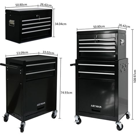 Coffre à outils mobile 6 tiroirs, armoire roulante robuste à capacité élevée avec roues et compartiments – Noir (1/5)