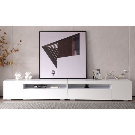 Meuble TV blanc 240 cm avec éclairage LED multicolore, meuble bas TV moderne en MDF, grand rangement, panneau décoratif pour salon (1/5)