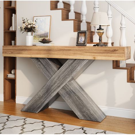 Table console 140 x 30 x 80 cm en panneaux de particules, style bois naturel, pieds en X DESVIAE (1/5)
