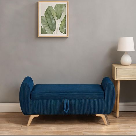 Banc de rangement bleu en velours côtelé bois massif 145 cm (1/5)