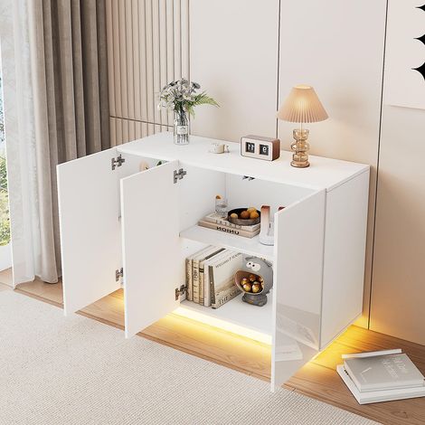 Gutent – Buffet moderne blanc brillant avec éclairage LED – 120 x 40 x 75 cm – Étagères réglables – Pour espaces de vie et environnements humides (1/4)
