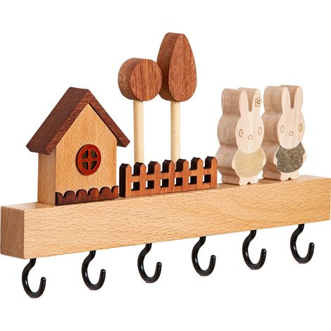 Porte-clés en bois, 6 crochets avec système adhésif percé et sans clous pour couloir, chambre à coucher, cuisine, couverts de cuisine suspendus (1/4)