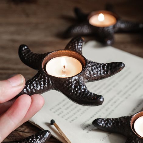 Bougeoir étoile de mer en fonte, ornement pour bougie, 11 x 4 cm, pour la décoration intérieure, présentoirs, bougeoir étoile de mer noir, lot de 2 (1/4)