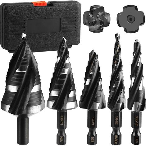 Applicable Jeu de 5 forets étagés à quatre cannelures hélicoïdales for métal, 50 tailles de forets HSS revêtus de titane avec tige hexagonale de 6,35 mm for acier inoxydable, aluminium, bois et plasti (1/5)
