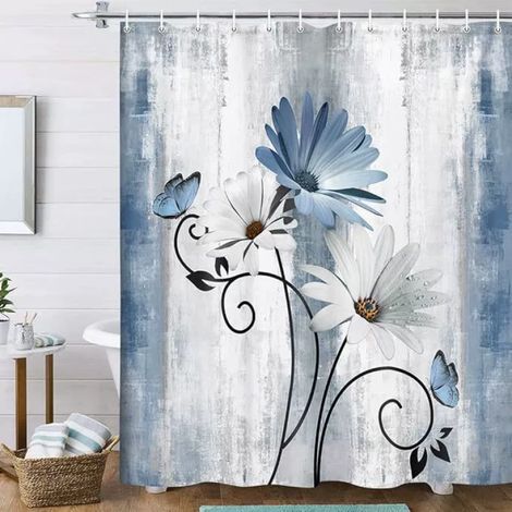 Cortina de ducha impermeable con estampado de margaritas en acuarela azul y blanca, 180 x 180 cm, con 12 ganchos, 120 x 180 cm (1/5)