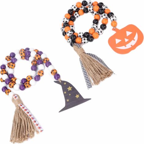 Lot de 2 guirlandes de perles en bois pour Halloween, style champêtre, classiques, inodores, confortables et durables, à faire soi-même. Idéales pour décorer un arbre, un mur ou une fenêtre. (1/5)