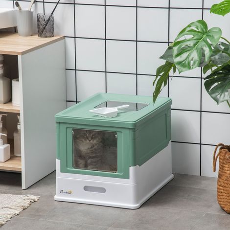 Geschlossene Katzentoilette aus Polypropylen mit Schaufel, faltbar, mit herausnehmbarer Schale und 2 Türen, 47,5 x 35,5 x 36,7 cm, Grün