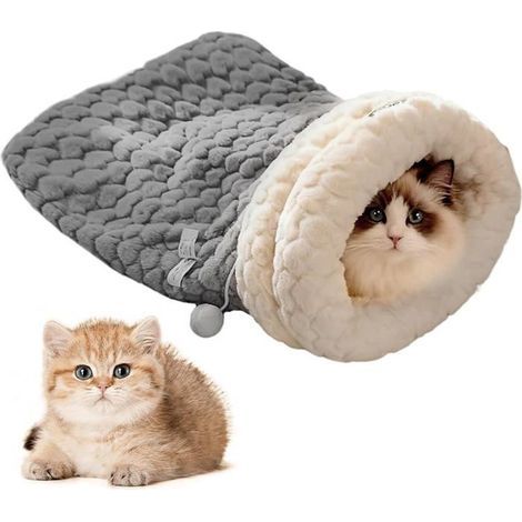 Cozy Cat Cave Sleeping Bag - Plush Pet Bed, Warm Snuggle Nest for Cats, Gray Basket