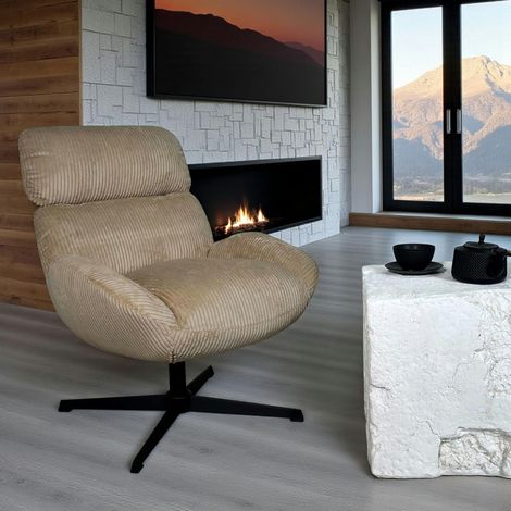 Pier Import – Fauteuil de salon rotatif en tissu côtelé camel – Structure métal et contreplaqué – Assise 28kg/m3 – Densité mousse 24kg/m3 (1/5)