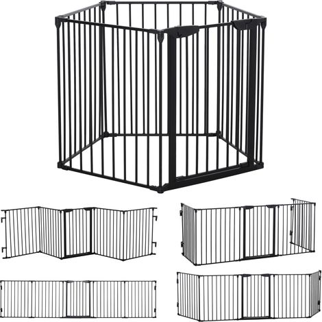 Barrière de sécurité 2 en 1, parc pour animaux, barrière de sécurité, pliable, en métal, 300 x 3 x 74,5 cm, noire (1/5)