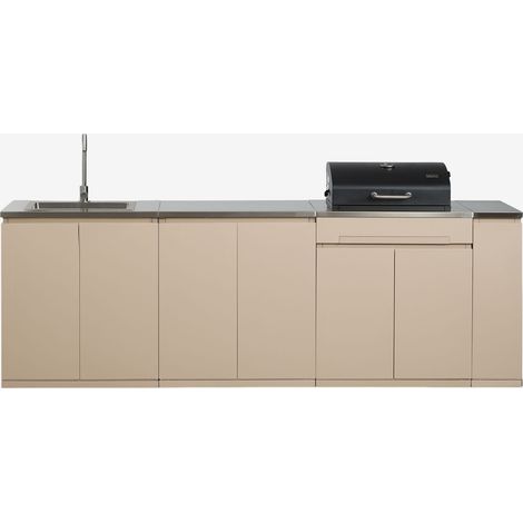 Cuisine modulaire d'extérieur 4 pièces avec évier, rangement et barbecue à charbon en acier Rivana SKLUM Tapioca Beige (1/5)
