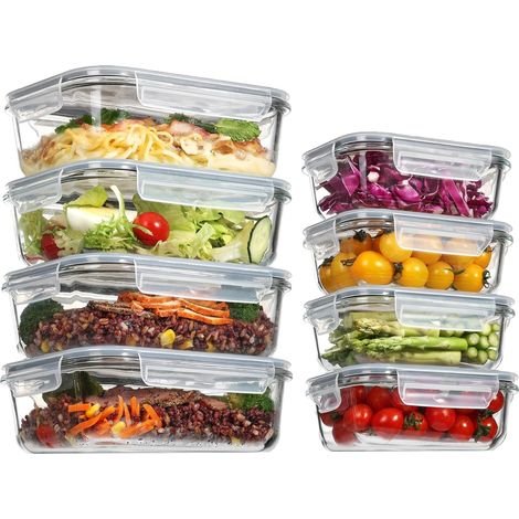 Lot de 8 Lunch Box Verre Couvercle, 997ML & 355ML Boite Alimentaire Verre Sans BPA, Boite Conservation Empilable, Meal Prep Containers Résistant Chaleur, Congélateur (1/5)