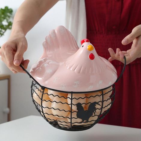 Panier de rangement en fer avec ornement poule céramique, récipient pour œufs fruits, anse incluse, accessoire cuisine. (1/5)
