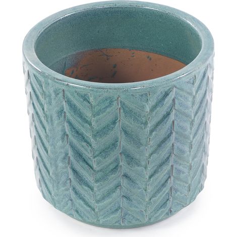 Vaso in ceramica smaltata blu acqua Ø31,5 cm con rilievo a spina di pesce e foro di drenaggio (1/5)