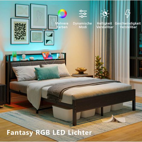 MODFU – Cama de matrimonio 140x200 cm de MDF y metal con LED, almacenamiento, USB, enchufe, cabecero acolchado, carga 200 kg y 13 lamas de metal – Negro (1/5)