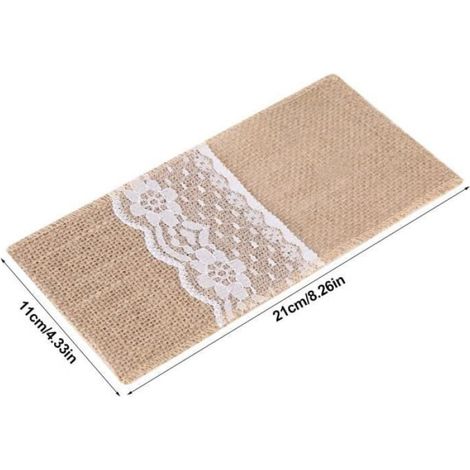 Lot de 10 Sac Toile Jute Dentelle Pochette Couvert Porte, Vintage Decoration Table Porte-couteaux et Fourchettes Porte-couverts pour (1/4)