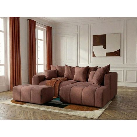 BOBOCHIC - Canapé d'angle L convertible coffre ROXELANE tissu chiné avec pouf Angle droit  Rouge
