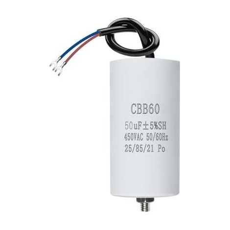 Condensateur de démarrage CBB60 50µF 450V, Moteur Pompe Piscine Fendeuse, Câble M8 50x106mm (1/5)