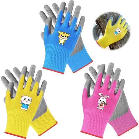 3 Pairs of Children's Gardening Gloves, Rubber Coated Work Gloves Non-slip latex coating, size 3-6 years, reinforced safety unisex safety gardening gloves for small hands (1/5)