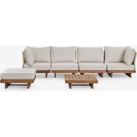 Conjunto de jardín con sofá modular de 4 piezas con 2 sillones esquineros, mesa de centro y puff en madera de acacia Dailin SKLUM              (1/5)