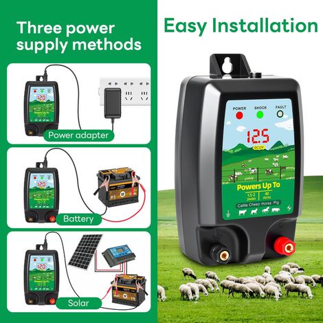 Électrificateur de Clôture Électrique 2J 10km pour Animaux - Électrificateur de Clôture Choc pour Bétail Vaches Chevaux Moutons Chiens - Alimentation Adaptateur Batterie Solaire Douze Volts