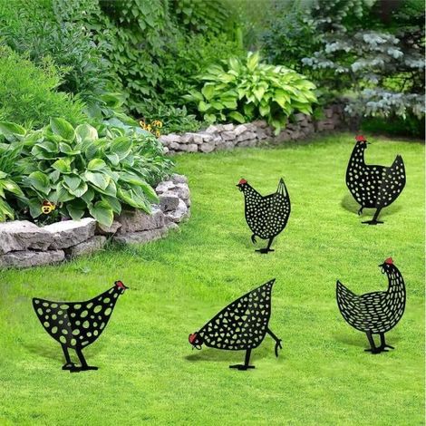 5 pièces silhouette poule, décoration extérieure en métal noir, statuettes jardin et pelouse, style pastoral rustique (1/4)