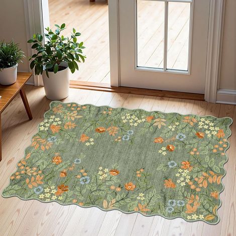 Paillasson Floral Vert Sauge 50 × 80 cm, Tapis d’Entrée Bohème Antidérapant et Lavable pour Intérieur et Extérieur (1/5)