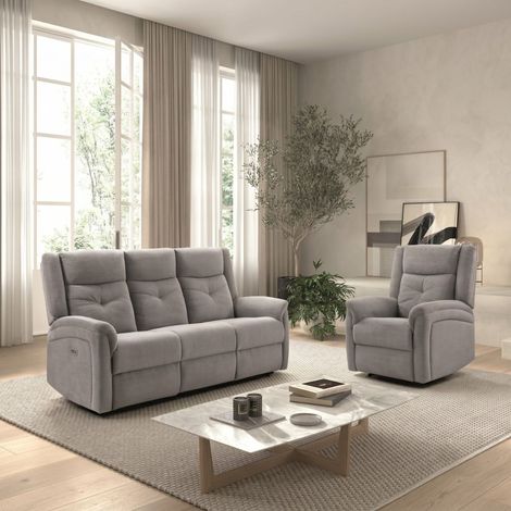 Ensemble canapé élec 3pl + fauteuil relax tissu gris clair - MELILLA (1/5)