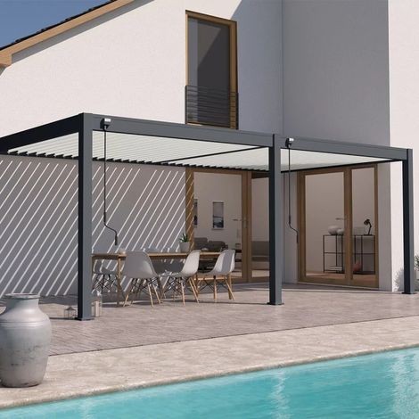 Ombrea – Pergola bioclimatique adossée 3x6M – Aluminium gris anthracite – 2 stores blancs – Lames orientables jusqu'à 135° (1/3)