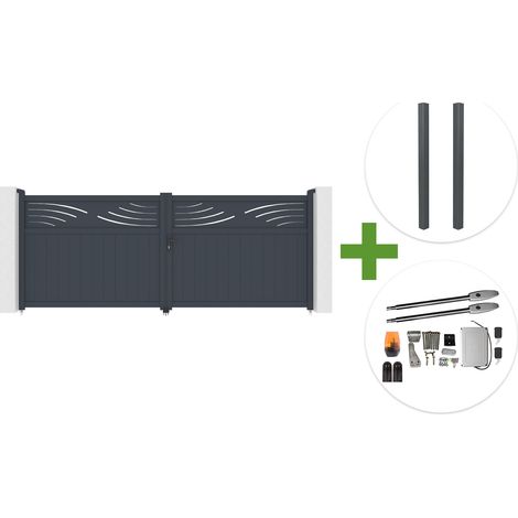 Portail battant 4m HALTI H.160cm aluminium gris + 2 poteaux ELDA 15x15cm + motorisation Tanker B250 (1/5)