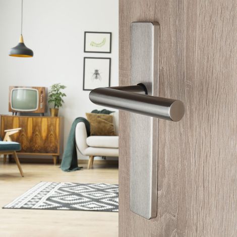 Ouvre&Déco – 2 poignées universelles DUALFIT sur plaque carrée EDISON sans trou, Acier nickel mat bi-entraxe 165-195