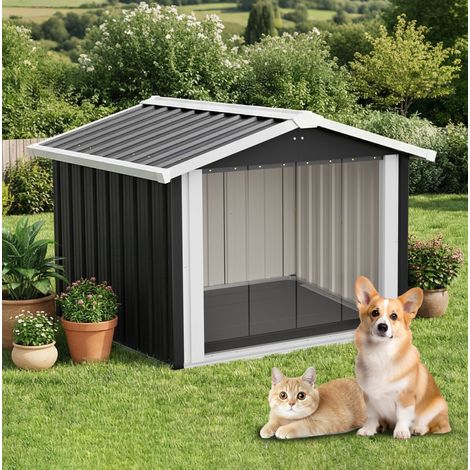 Niche extérieure pour chien 102,4x91x84,7 cm en métal gris, toit incliné, pour jardin – MEUBLIV (1/5)