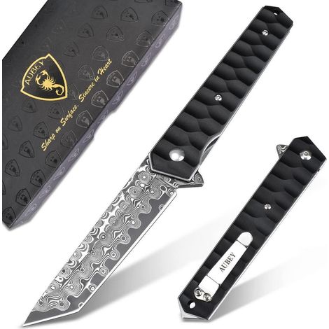 Damast Taschenmesser Einhandmesser mit Glasbrecher, Tanto Klinge, Aluminium Griff, Gürtelclip