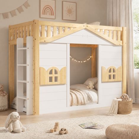 Letto a soppalco per bambini a casetta 90x200 cm bianco e legno HAVRYA (1/5)