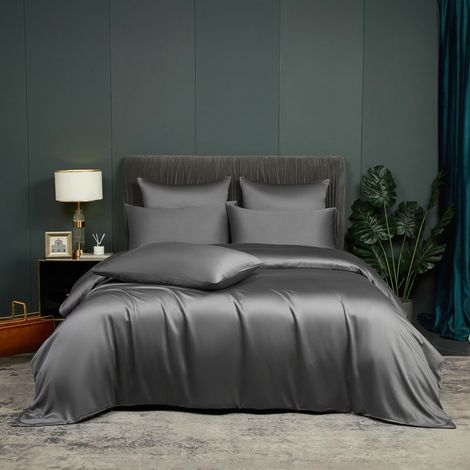 Parure de lit en bambou 155x220cm Gris Anthracite Uni en fibre de bambou, parure de lit d'été respirante et fraîche, housse de couette pour lit double avec fermeture éclair et 2 taies (1/5)