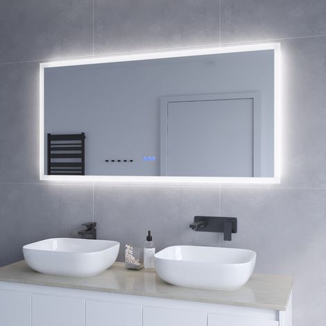 Großer Badspiegel mit LED Beleuchtung 140x70cm ECHOS Typ C  Touch Sensor Dimmbar Spiegelheizung Kaltweiß 6400K Warmweiß 3000K  AQUABATOS (1/5)