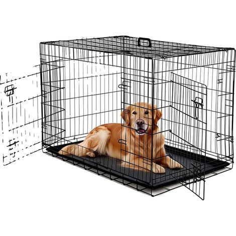 Hundebox, rostfrei beschichtetes Metall, verstellbarer Innenraum, Doppeltür-Design, faltbar für den Transport, abnehmbarer Reinigungsbehälter (1/5)