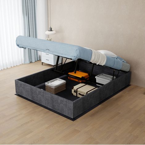 MODFU – Cama con almacenamiento 140x200 cm de terciopelo con cabecero alto, somier de láminas y espacio de almacenamiento bajo la cama – Gris (1/5)