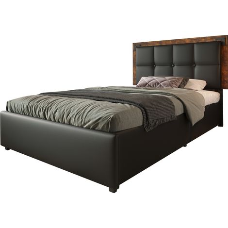 Lit 90x200 cm avec LED, tête de lit réglable et 4 tiroirs, revêtement cuir régénéré noir, sans matelas, idéal pour une chambre moderne avec télécommande – CHICFURN (1/5)