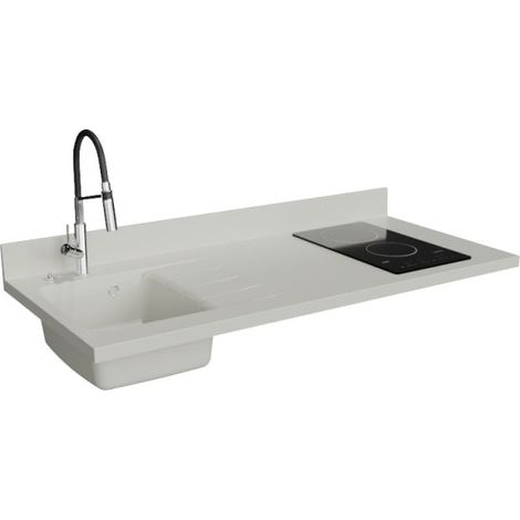 Plan de travail monobloc PlaniQuartz avec évier - 140 cm - Snova - évier à gauche - Plaque de cuisson Vitrocéramique