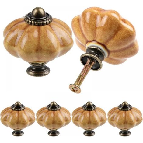 Set of 6 Round Ceramic Cabinet Knobs, Pumpkin Ceramic Handles - Antique Pumpkin Style (1/5)