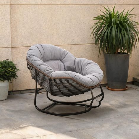 Fauteuil à bascule œuf en rotin gris avec coussin épais en acier (1/5)