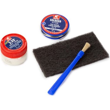Griffon Kit de soudure pour cuivre, soudure 50 g, pâte à souder S-39 cuivre 25 g, avec tampon abrasif et pinceau, pour tuyaux d'eau gaz et raccords laiton, set complet (1/3)