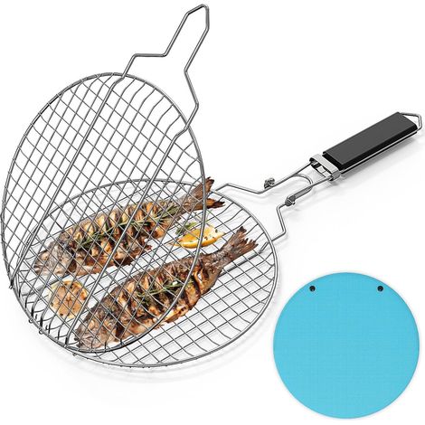 Cesta redonda portátil para asar, cesta de acero inoxidable para pescado con asa extraíble y cierre de seguridad, accesorio para asar verduras y gambas al aire libre (plateada, redonda) (1/5)