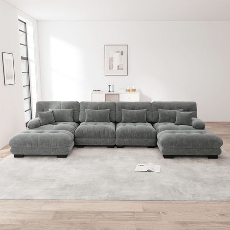 Neche – Canapé d'angle modulable 4 places en U – Tissu chenille doux – Cadre en bois massif – Assise profonde avec 6 coussins – Gris