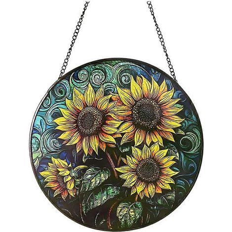 Attrape-soleil tournesol suspendus, fabriqués artisanalement, pour fenêtre. Décoration en vitrail aux couleurs vibrantes, pour la maison et le jardin. 15 cm. (1/5)