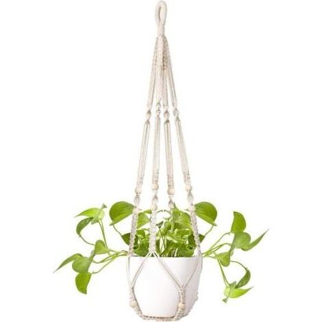 Makramee-Pflanzenhänger, Hängende Blumentöpfe und -körbe für drinnen/draußen, handgefertigte Pflanzenhänger aus weißem Baumwollseil mit Perlen, Boho-Hängepflanzenhalter H (1/5)