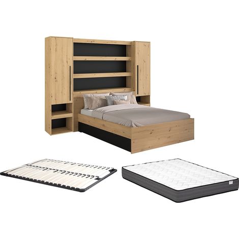 Lit pont 160 x 200 cm avec rangements - Avec LEDs - Coloris : Naturel et noir + Sommier + Matelas - VARLY